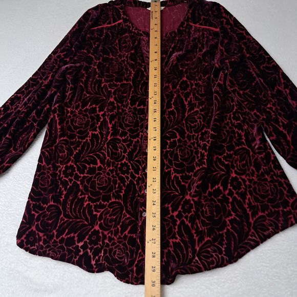 Sundance Top Women's Medium Red Velvet Burnout Button Up Long‎ Sleeve Silk Blend - Picture 8 of 9